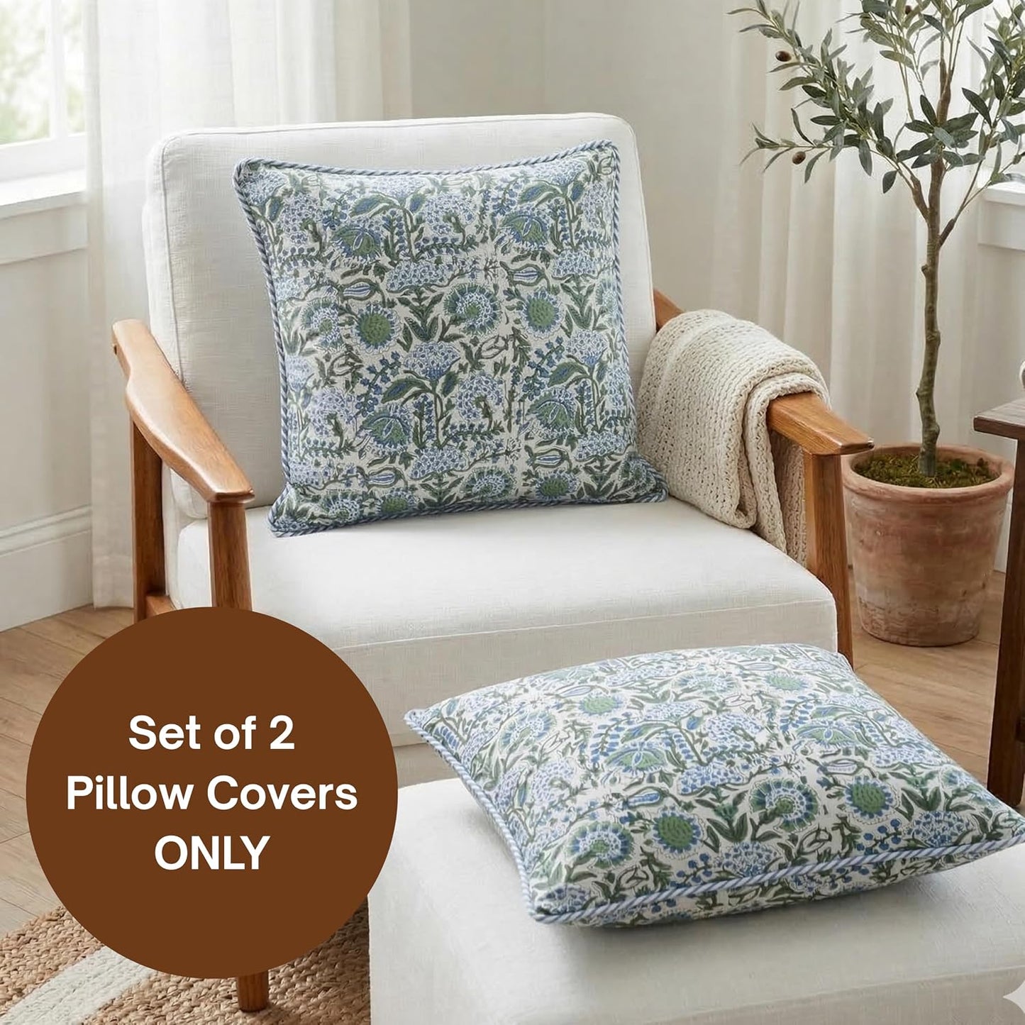 ATOSII Block Print Throw Pillow Cushion Covers, 20 X 20 - Set of 2, Decorative Couch Pillows for Living Room Bed Sofa, 100% Cotton Canvas Pillow Case for Home Decor & Outdoors - Clover Blue
