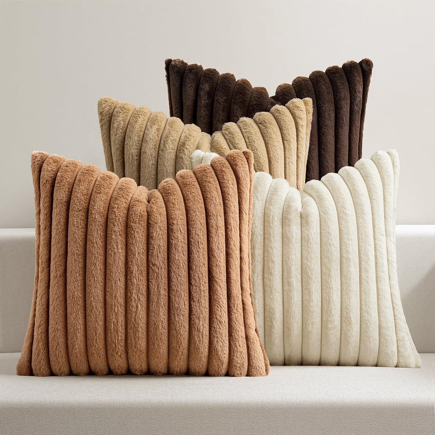 MIULEE Faux Fur Plush Decorative Throw Pillow Covers 18x18 Set of 4, Valentine's Day Cute Modern Soft Romantic Fuzzy Striped Cushion Covers for Sofa Couch Bed Living Room Cozy Home Decor,Pink
