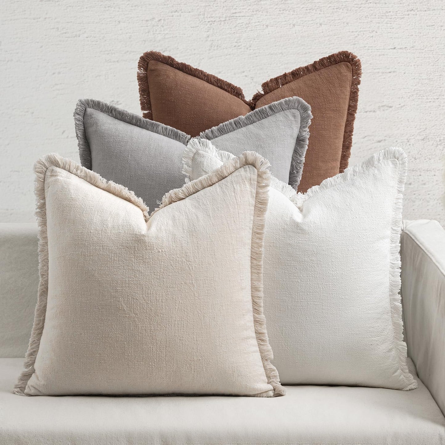MIULEE Decorative Couch Pillow Covers Neutral Linen Fringe Throw Pillows Set of 4 Soft Rustic Cushions Boho Farmhouse Pillowcases for Bed Sofa Living Room Spring Decor 18x18 Inch Beige/Brown/Green