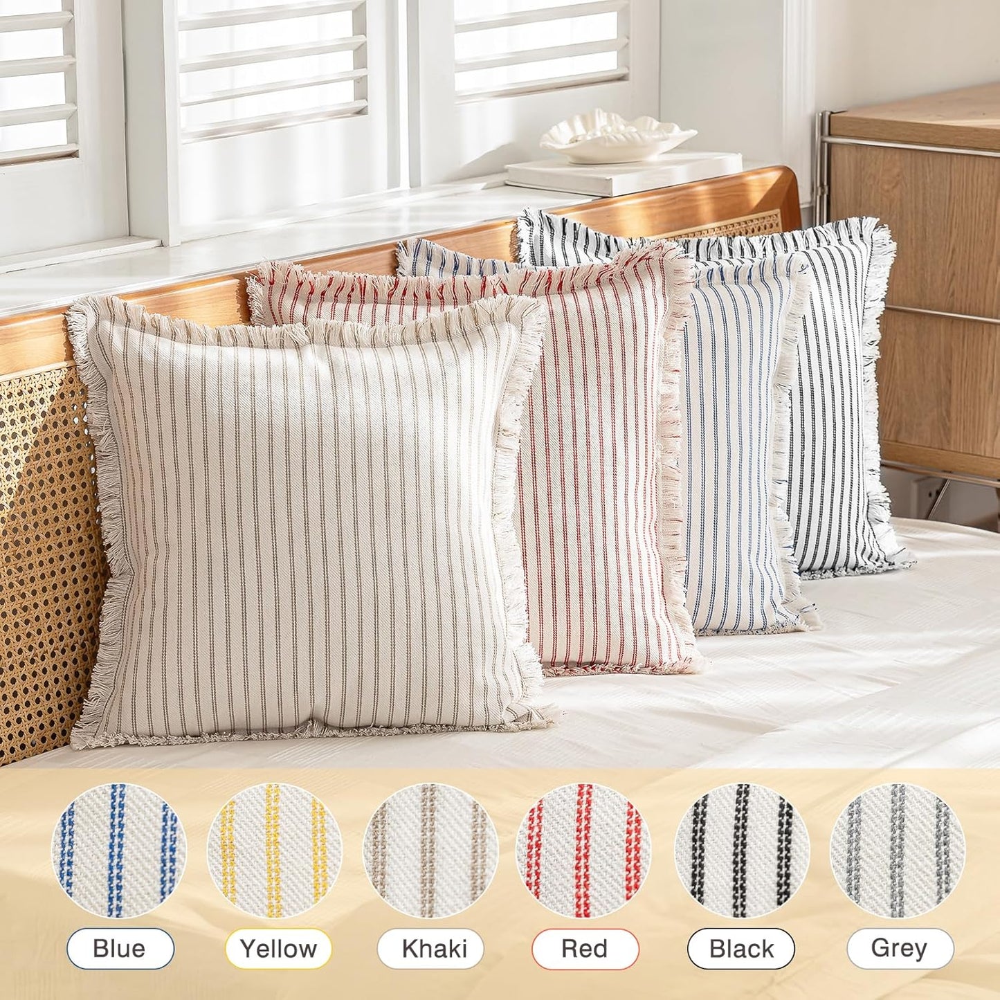 YEENAASY Throw Pillow Covers 22x22 Set of 2 Striped Fringe Pillow Cover Farmhouse Cushion Covers with Tassel Neutral Boho Pillows Decorative Square Pillowcase for Couch Sofa Bed, Khaki