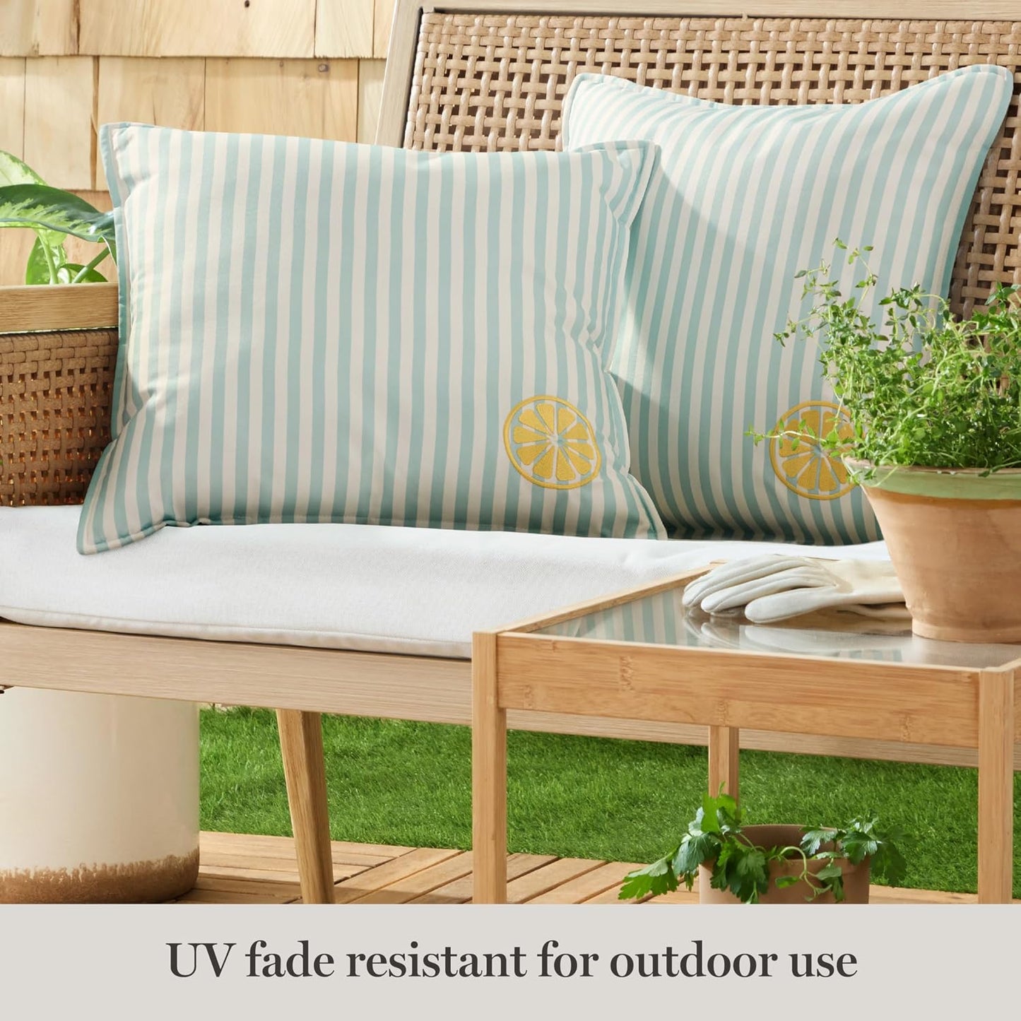 Martha Stewart Spring May Embroidered Lemon Indoor Outdoor Decorative Pillow 2-Pack Set, UV Fade Resistant, Water Repellent, Printed Stripe Design, Aqua Blue/Yellow, 18"x18"