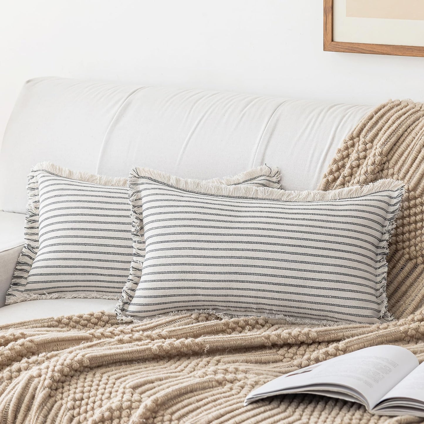 YEENAASY Throw Pillow Covers 22x22 Set of 2 Striped Fringe Pillow Cover Farmhouse Cushion Covers with Tassel Neutral Boho Pillows Decorative Square Pillowcase for Couch Sofa Bed, Khaki