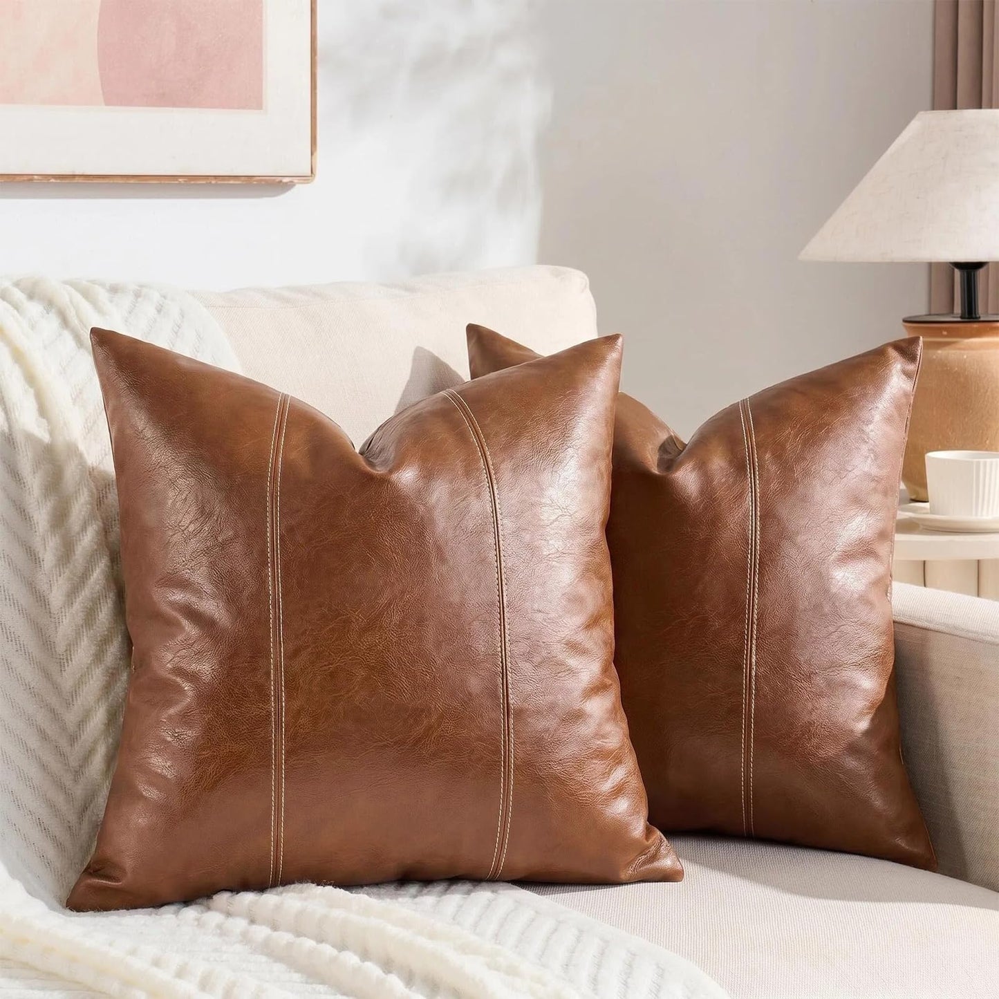 Fancy Homi 2 Packs Brown Boho Long Lumbar Faux Leather Body Decorative Throw Pillow Cover 14x36 Inch for Bedroom Couch Bed Bench, Hand Stitched Stylish Pillowcase, Rustic Modern Farmhouse Room Decor