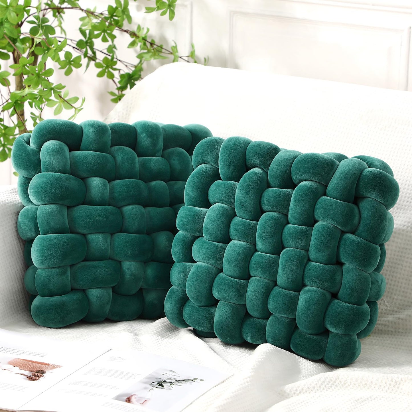 Wenqik 2 Pcs Knot Pillows Square Knotted Plush Throws Soft Accent Pillows Decoration Cushion for Couch Home Office Living Room Bedroom Bed Sofa Decor, 12'' x 13''(Caramel,Crystal Velvet)