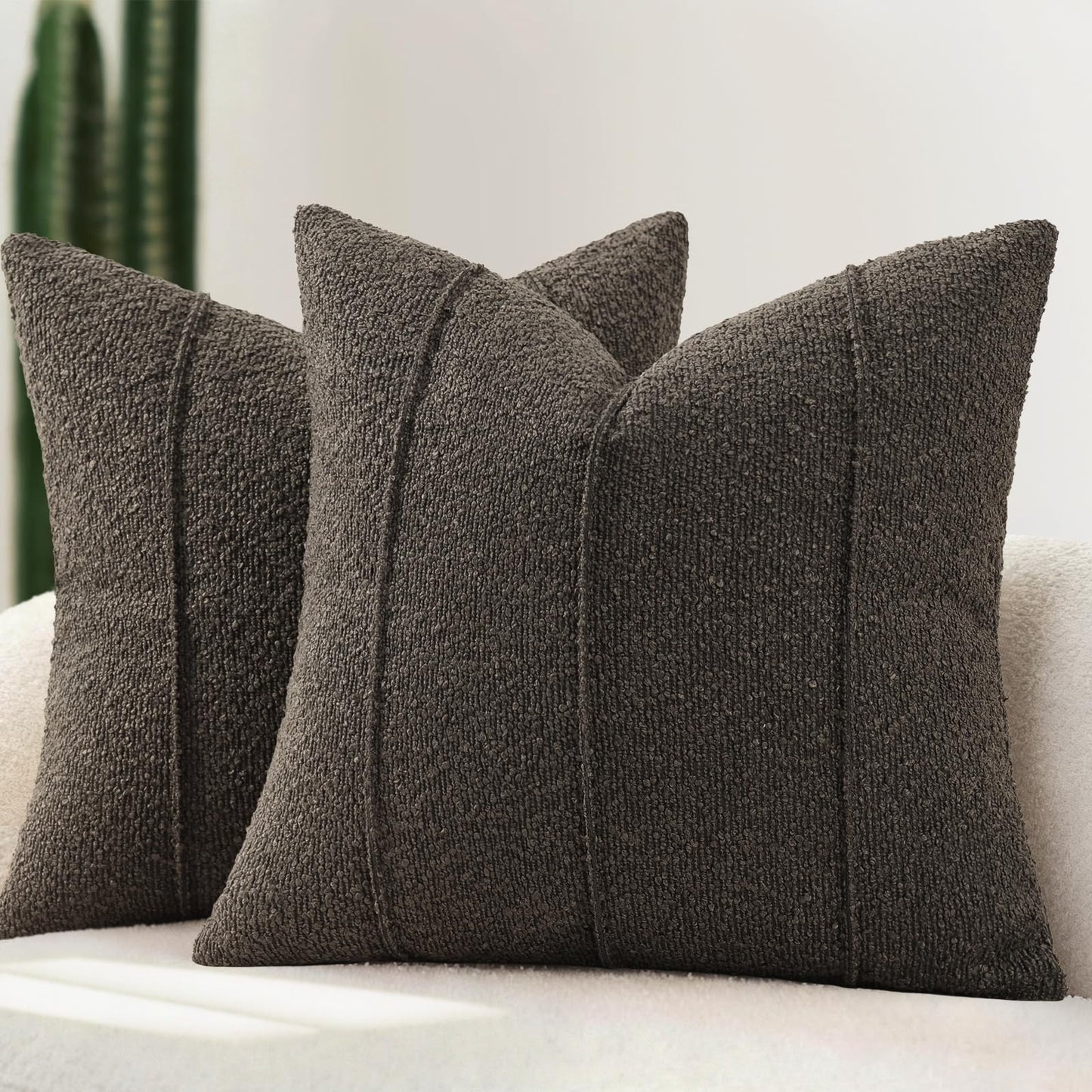 YCOLL Textured Boucle Throw Pillow Covers 24x24 Pack of 2 - Soft Neutral Striped Cushion Covers, Cozy Accent Decorative Pillow Covers for Couch, Sofa, Bed, Living Room (Beige)