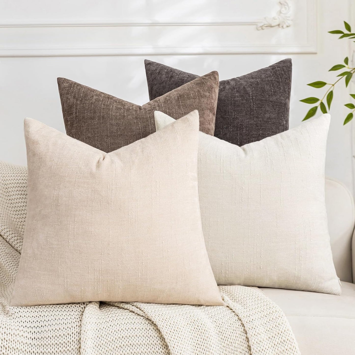 Set of 4 Soft Textured Decorative Throw Pillow Covers 24x24 Inch Cozy Farmhouse Cushion Cover Square Accent Pillow Cases for Bed Couch Sofa Living Room, Neutral