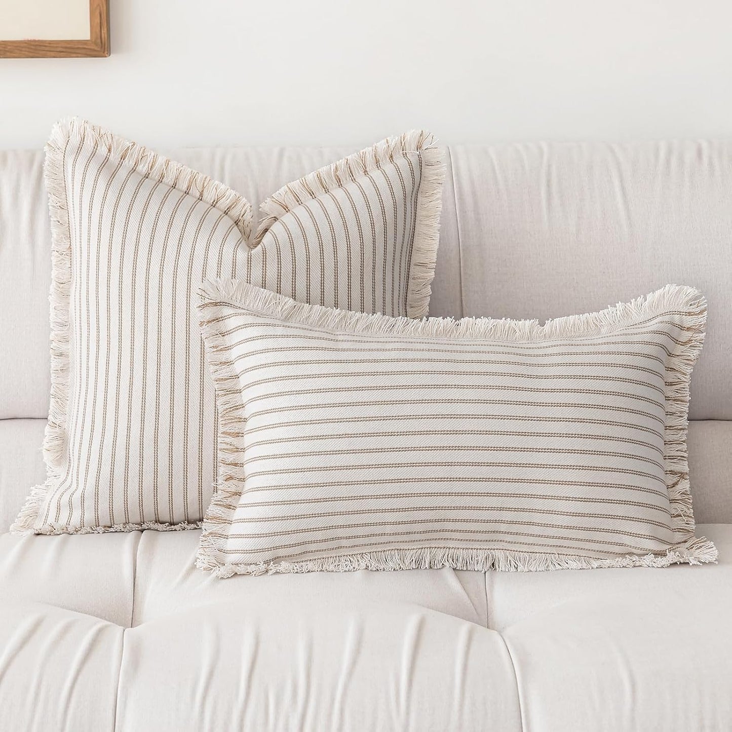 YEENAASY Throw Pillow Covers 22x22 Set of 2 Striped Fringe Pillow Cover Farmhouse Cushion Covers with Tassel Neutral Boho Pillows Decorative Square Pillowcase for Couch Sofa Bed, Khaki