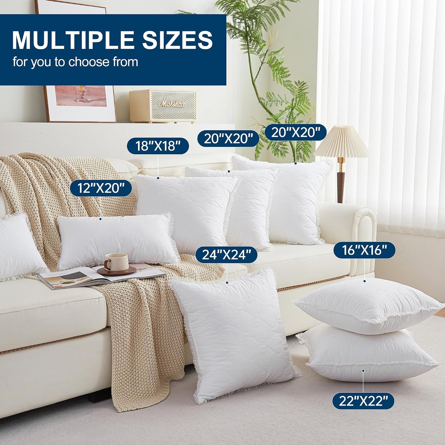 26 x 26 Throw Pillow Inserts with Lace Edge - Soft and Fluffy, Breathable Quilted Cotton Fabric - Decorative Pillows for Couch Sofa Bed, White, Pack of 2
