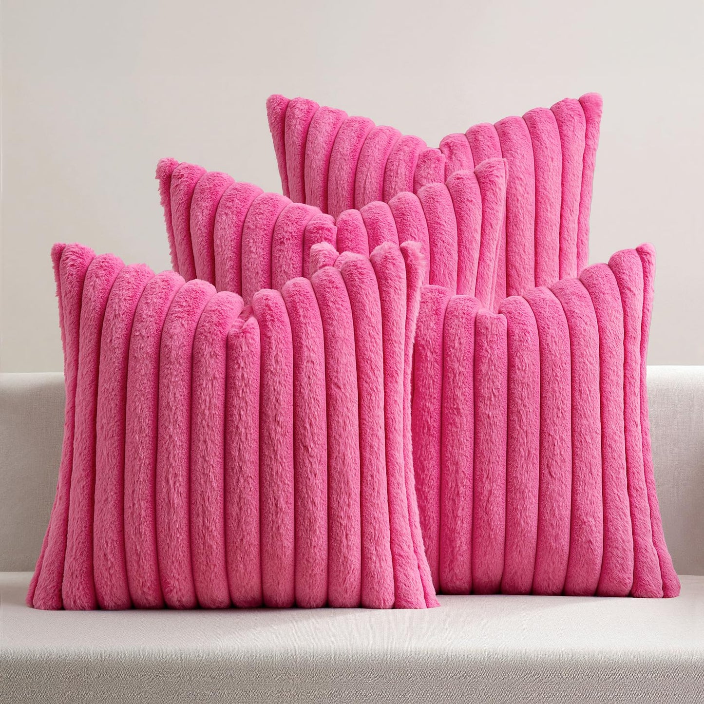 MIULEE Faux Fur Plush Decorative Throw Pillow Covers 18x18 Set of 4, Summer Modern Soft Fuzzy Coastal Striped Cushion Covers for Sofa Couch Bed Living Room Cozy Home Decor,Navy Blue