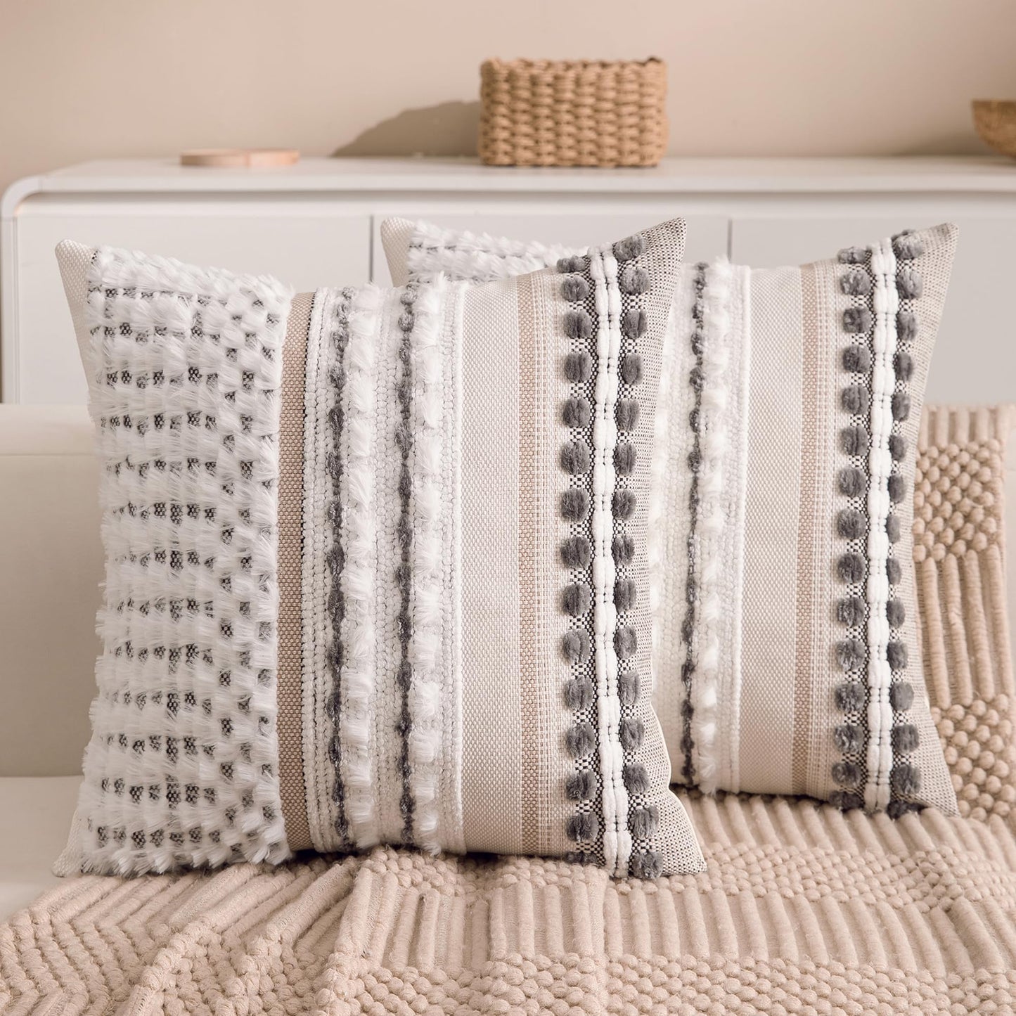 Boho Farmhouse Striped Neutral Decorative Throw Pillow Covers Set of 2