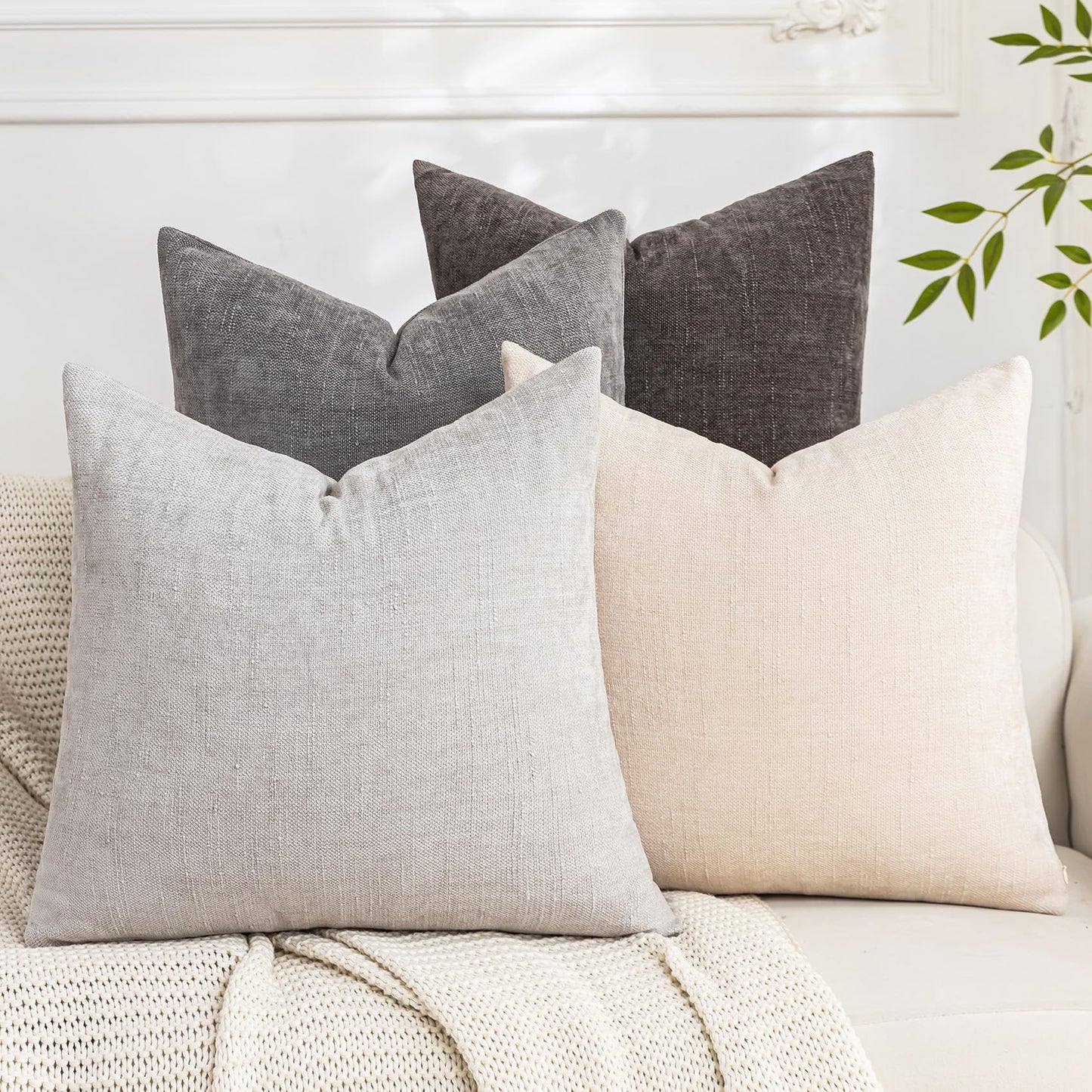 Set of 4 Soft Textured Decorative Throw Pillow Covers 24x24 Inch Cozy Farmhouse Cushion Cover Square Accent Pillow Cases for Bed Couch Sofa Living Room, Neutral