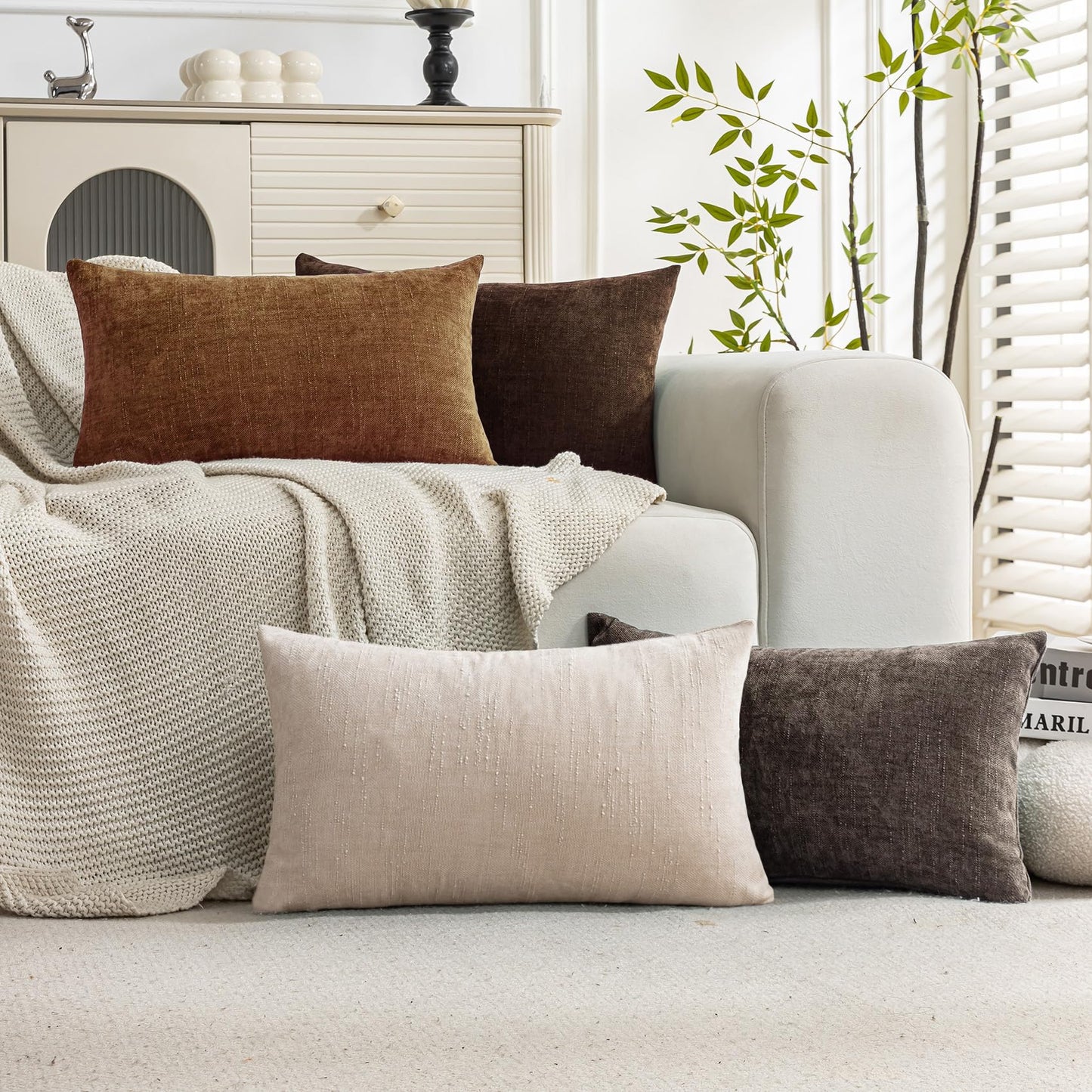 Set of 4 Soft Textured Decorative Throw Pillow Covers 24x24 Inch Cozy Farmhouse Cushion Cover Square Accent Pillow Cases for Bed Couch Sofa Living Room, Neutral
