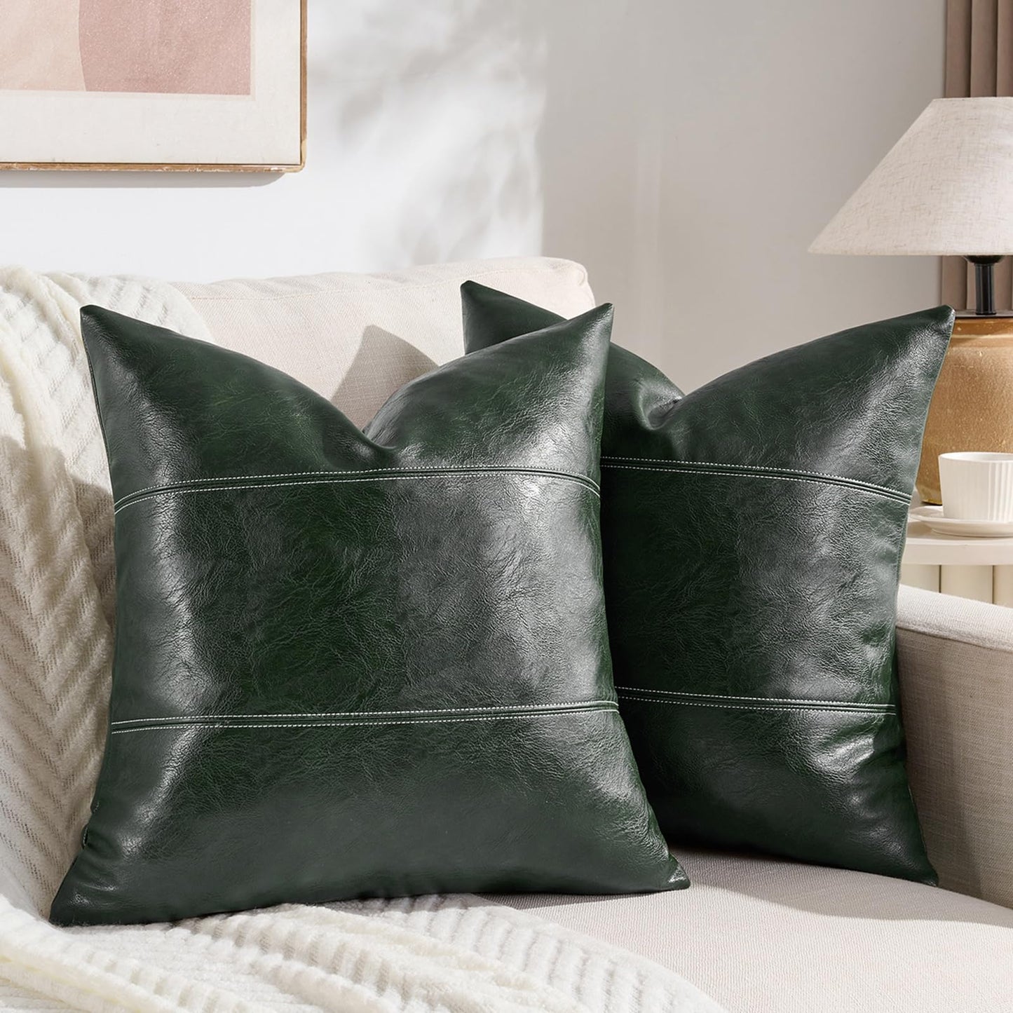 Fancy Homi 2 Packs Brown Boho Long Lumbar Faux Leather Body Decorative Throw Pillow Cover 14x36 Inch for Bedroom Couch Bed Bench, Hand Stitched Stylish Pillowcase, Rustic Modern Farmhouse Room Decor