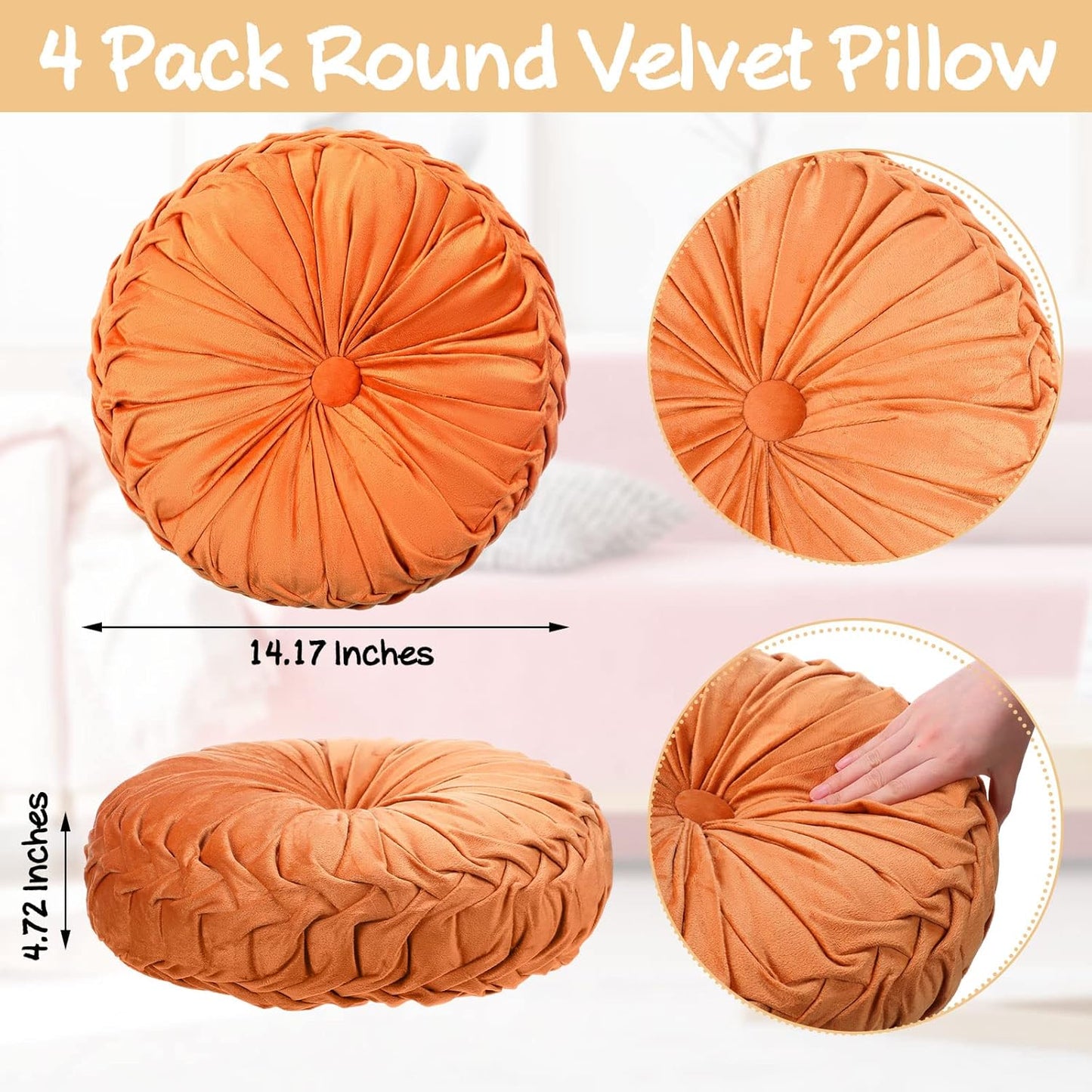 Kathfly Decorative Round Pleated Throw Pillows, Classy Velvet Pumpkin Round Throw Pillows, Decorative Floor Pillow for Bed Chair Home Sofa Decor, 14" Diameter(Orange, Yellow, Pink, Green,4 Pcs)