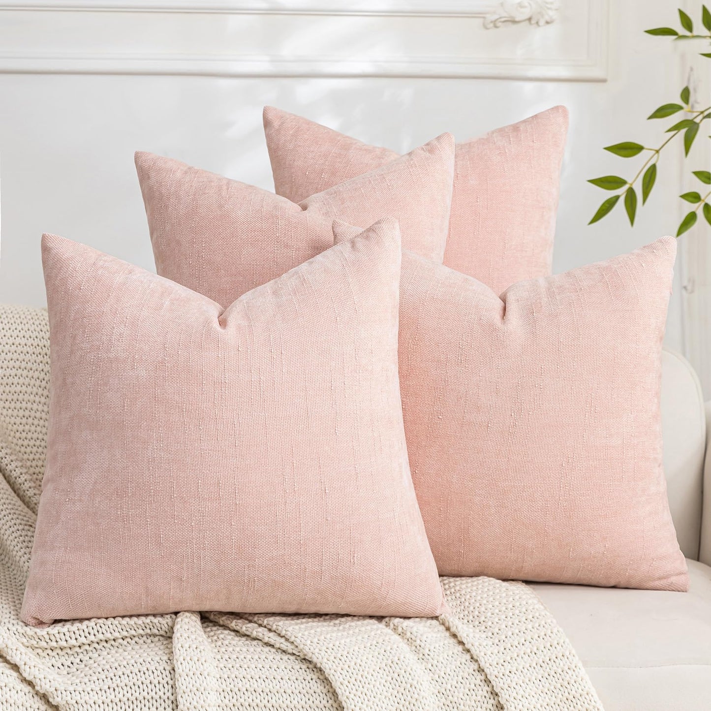 Set of 4 Soft Textured Decorative Throw Pillow Covers 24x24 Inch Cozy Farmhouse Cushion Cover Square Accent Pillow Cases for Bed Couch Sofa Living Room, Neutral