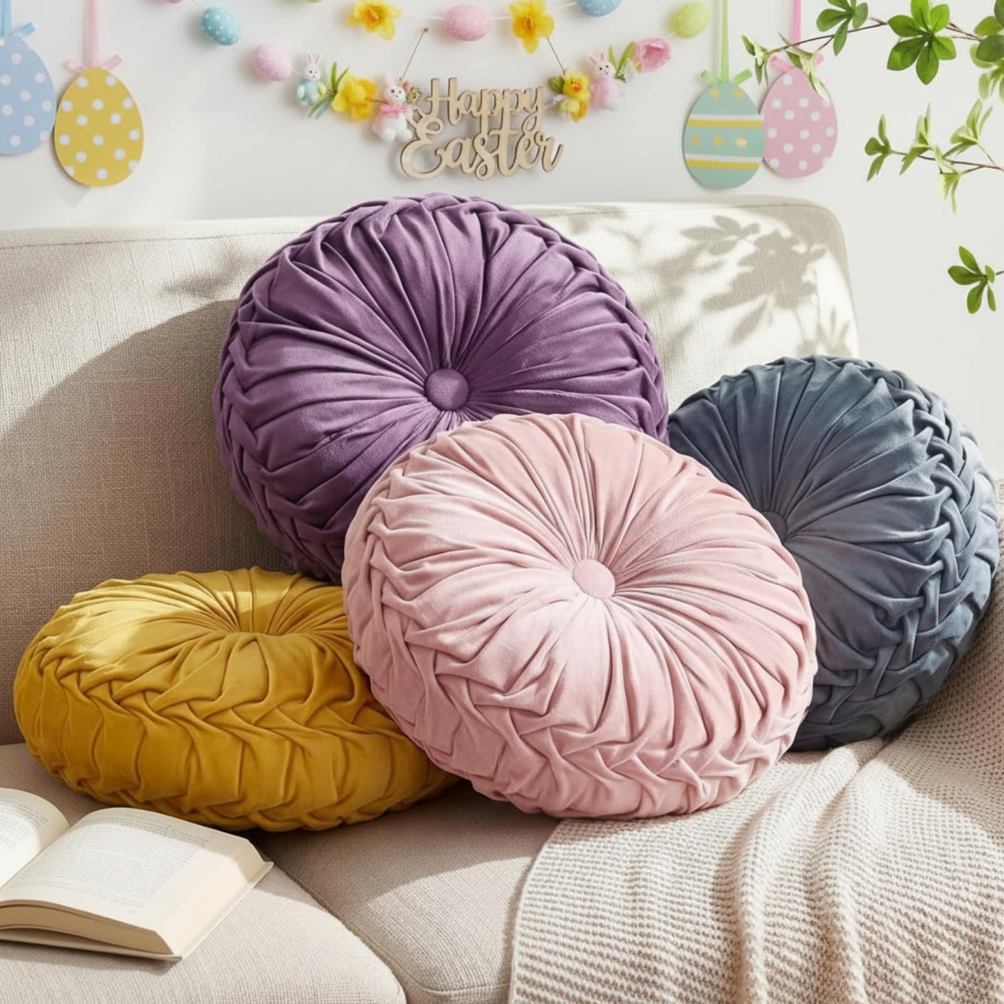 Kathfly Decorative Round Pleated Throw Pillows, Classy Velvet Pumpkin Round Throw Pillows, Decorative Floor Pillow for Bed Chair Home Sofa Decor, 14" Diameter(Orange, Yellow, Pink, Green,4 Pcs)