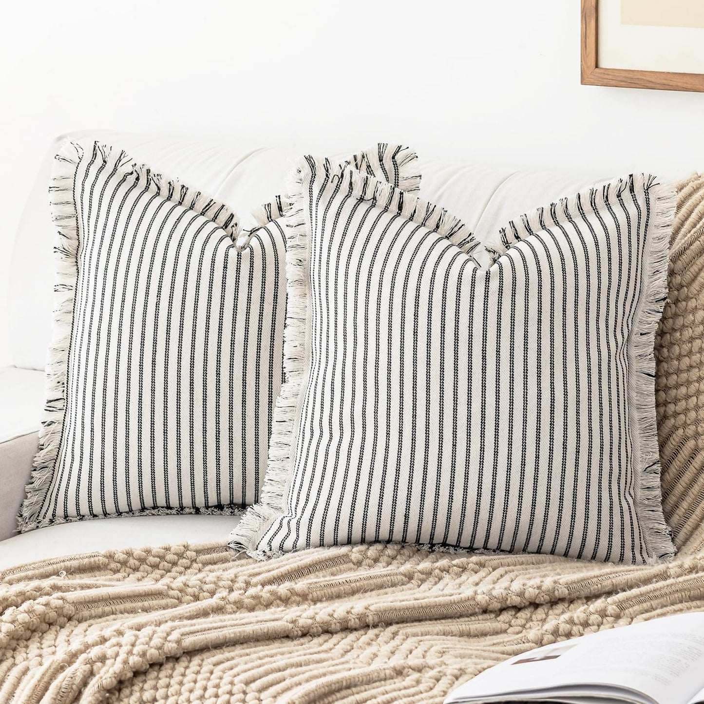 YEENAASY Throw Pillow Covers 22x22 Set of 2 Striped Fringe Pillow Cover Farmhouse Cushion Covers with Tassel Neutral Boho Pillows Decorative Square Pillowcase for Couch Sofa Bed, Khaki