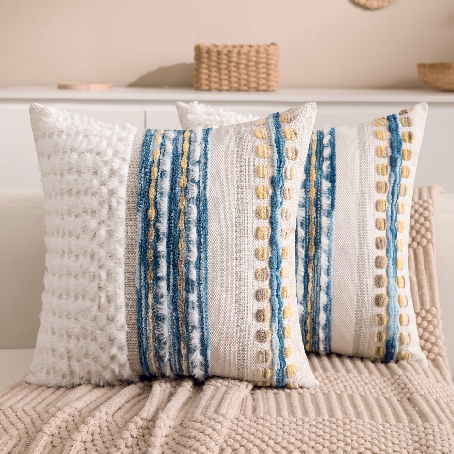 Boho Farmhouse Striped Neutral Decorative Throw Pillow Covers Set of 2