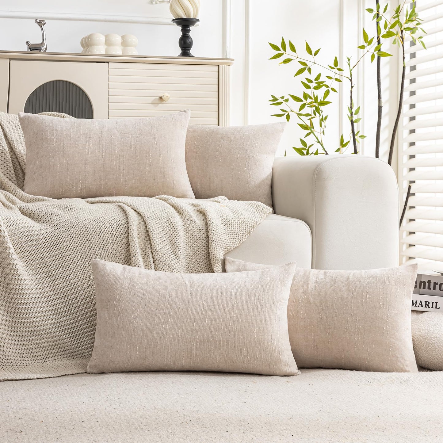 Set of 4 Soft Textured Decorative Throw Pillow Covers 24x24 Inch Cozy Farmhouse Cushion Cover Square Accent Pillow Cases for Bed Couch Sofa Living Room, Neutral