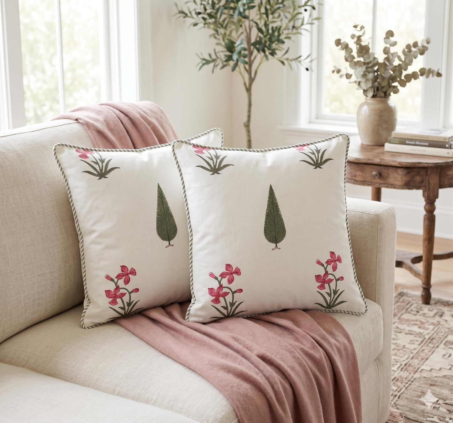 ATOSII Block Print Throw Pillow Cushion Covers, 20 X 20 - Set of 2, Decorative Couch Pillows for Living Room Bed Sofa, 100% Cotton Canvas Pillow Case for Home Decor & Outdoors - Clover Blue