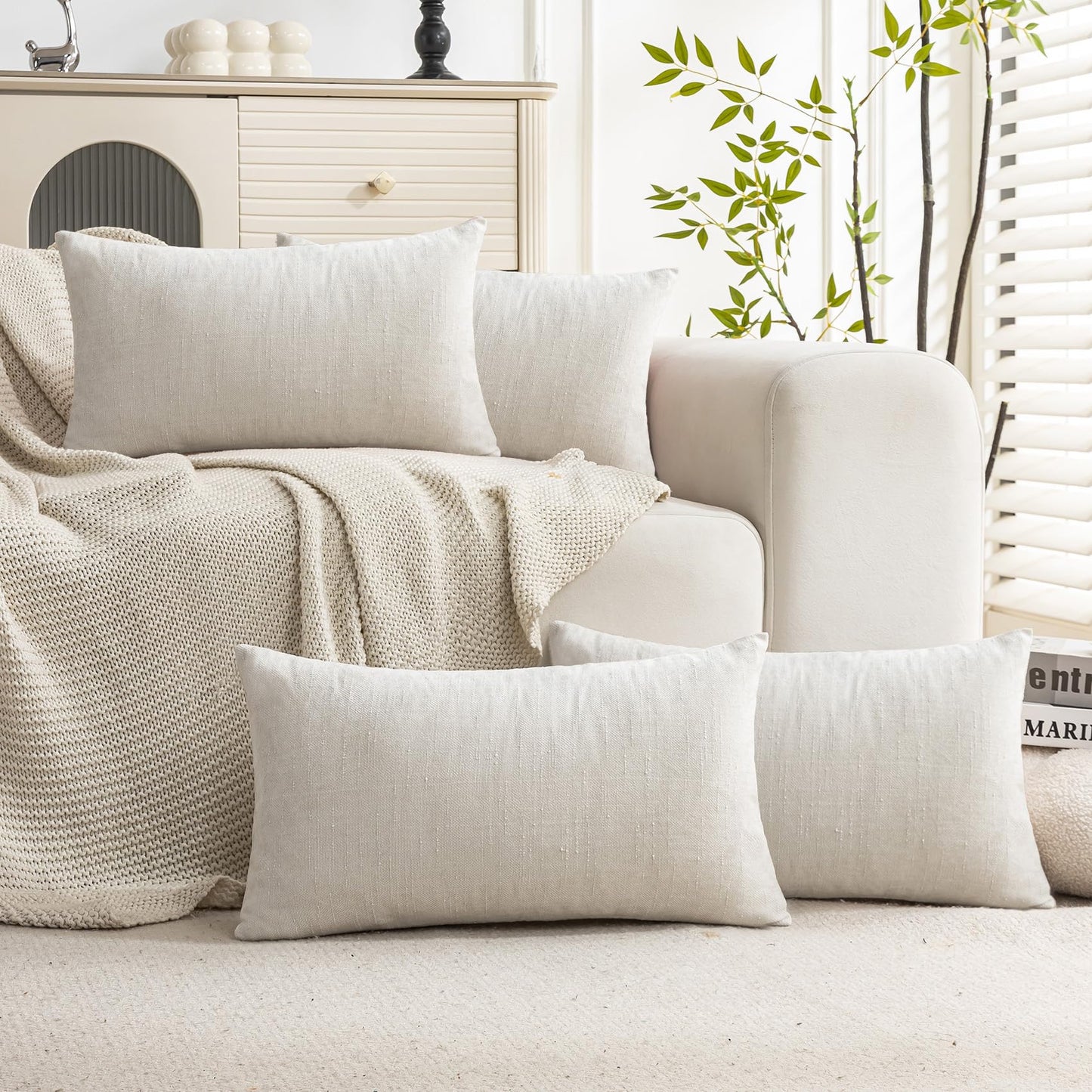 Set of 4 Soft Textured Decorative Throw Pillow Covers 24x24 Inch Cozy Farmhouse Cushion Cover Square Accent Pillow Cases for Bed Couch Sofa Living Room, Neutral