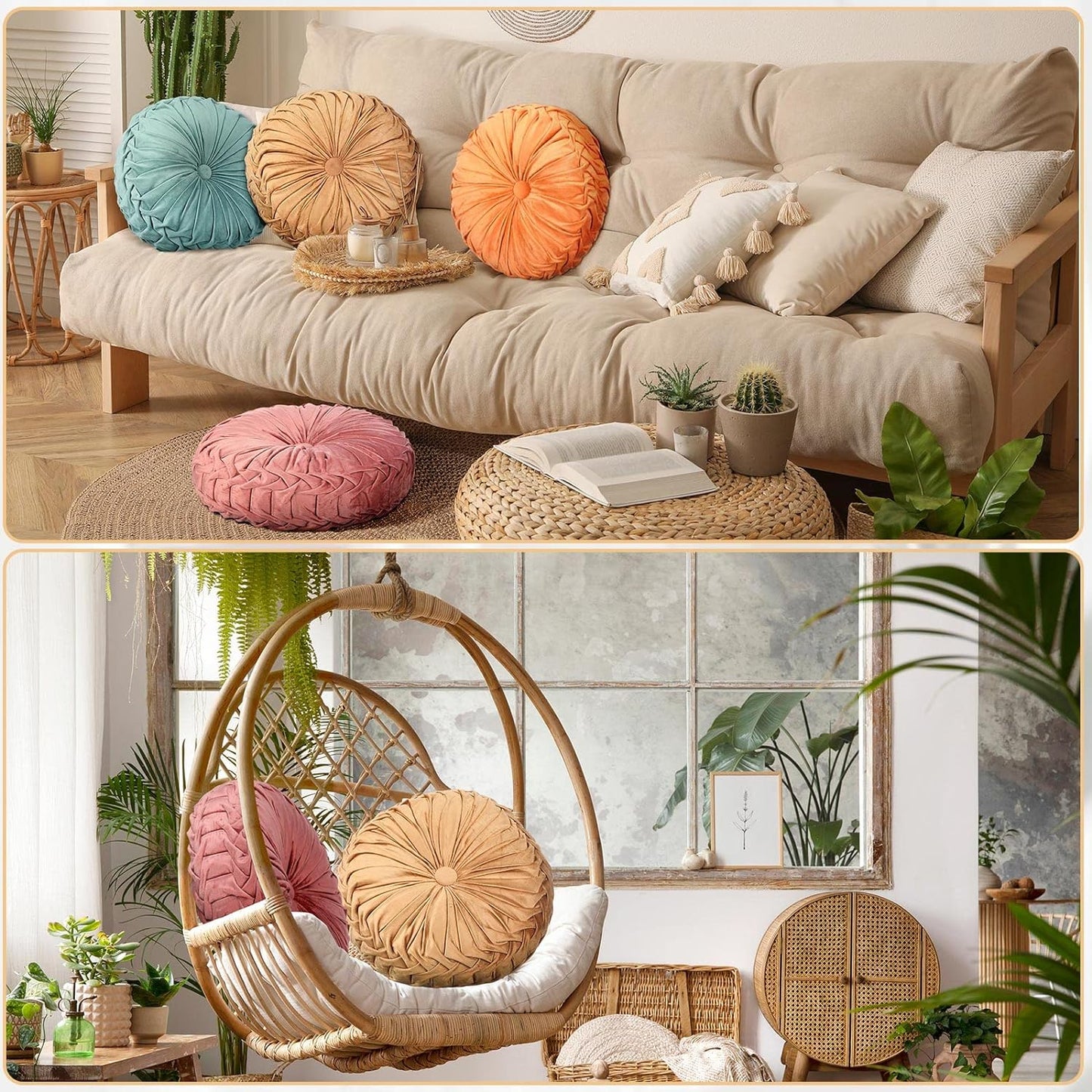 Kathfly Decorative Round Pleated Throw Pillows, Classy Velvet Pumpkin Round Throw Pillows, Decorative Floor Pillow for Bed Chair Home Sofa Decor, 14" Diameter(Orange, Yellow, Pink, Green,4 Pcs)