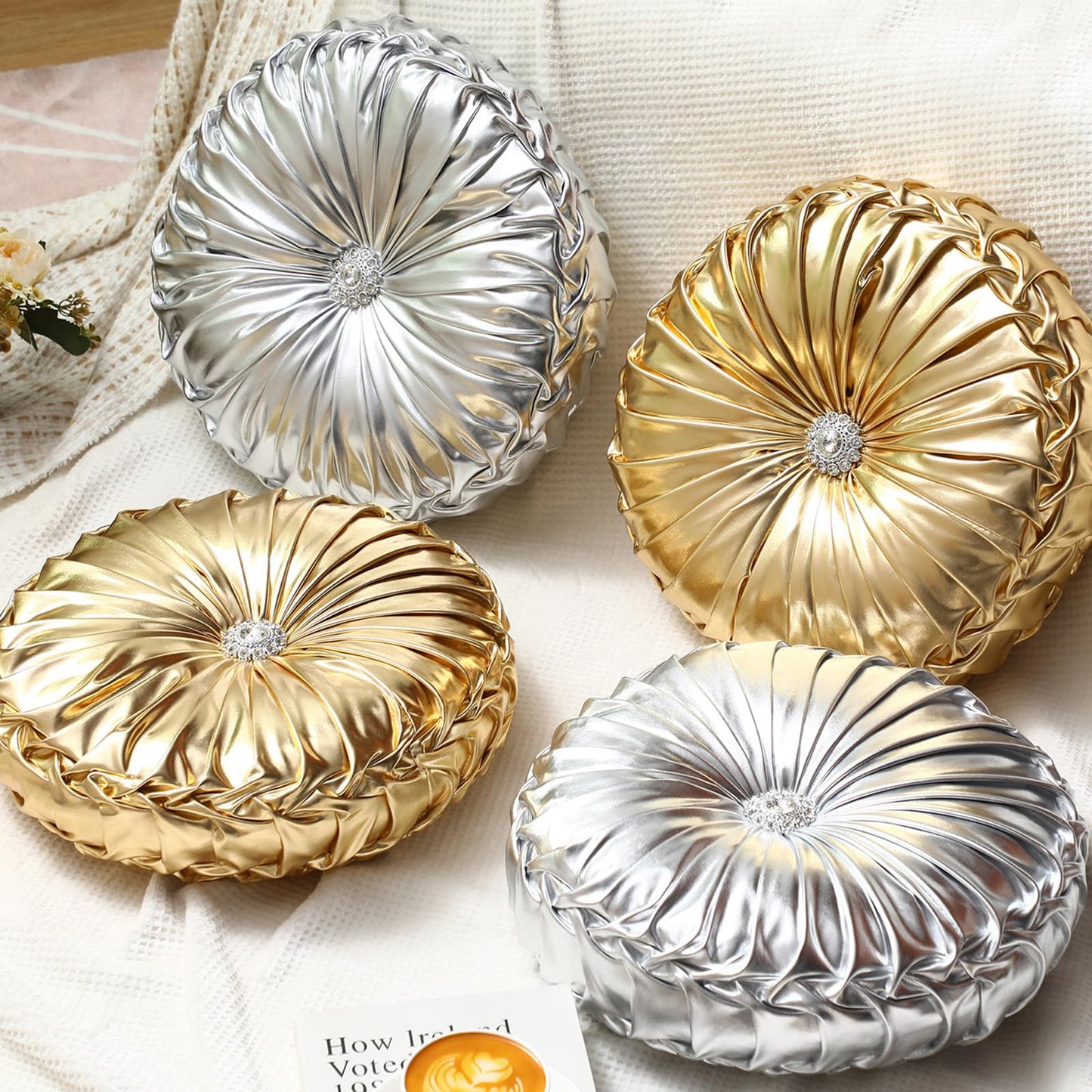 Kathfly Decorative Round Pleated Throw Pillows, Classy Velvet Pumpkin Round Throw Pillows, Decorative Floor Pillow for Bed Chair Home Sofa Decor, 14" Diameter(Orange, Yellow, Pink, Green,4 Pcs)