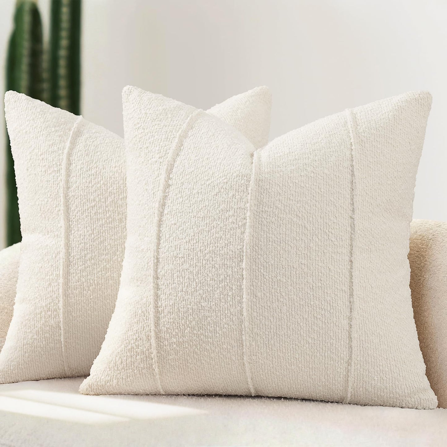 YCOLL Textured Boucle Throw Pillow Covers 24x24 Pack of 2 - Soft Neutral Striped Cushion Covers, Cozy Accent Decorative Pillow Covers for Couch, Sofa, Bed, Living Room (Beige)
