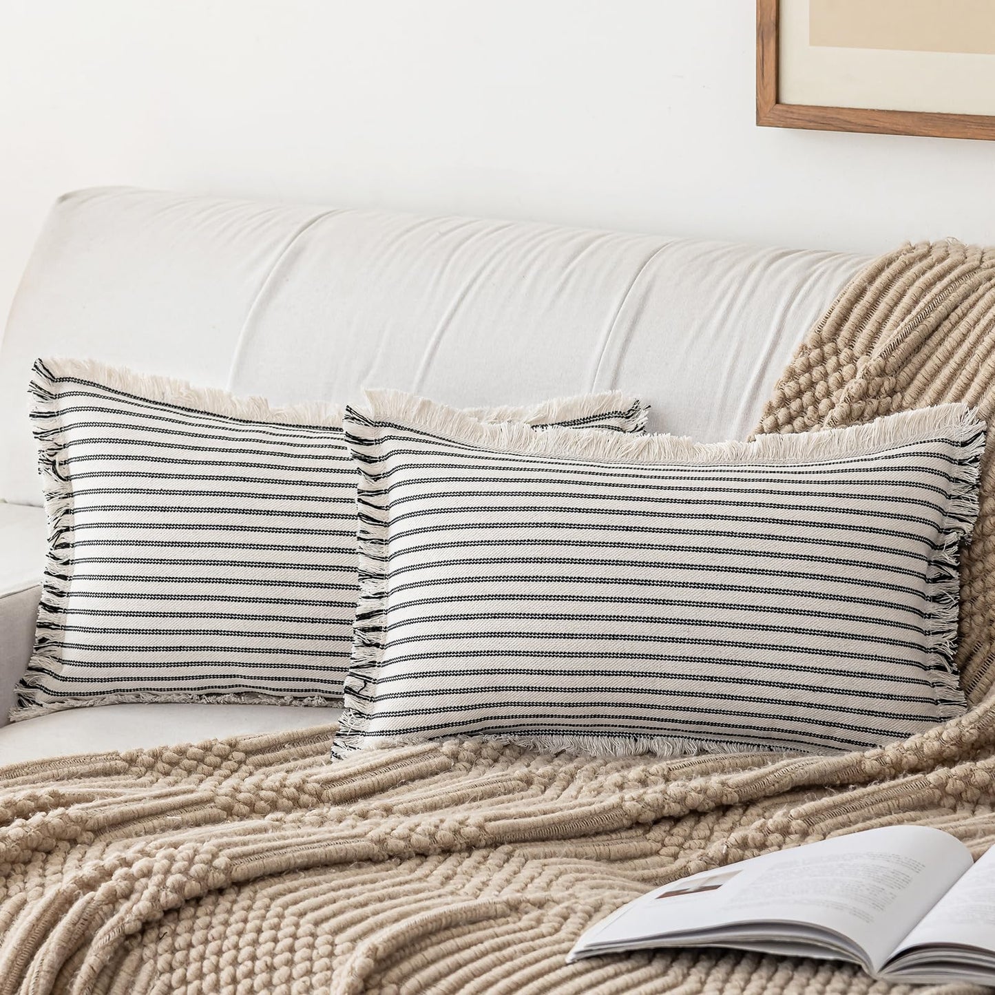 YEENAASY Throw Pillow Covers 22x22 Set of 2 Striped Fringe Pillow Cover Farmhouse Cushion Covers with Tassel Neutral Boho Pillows Decorative Square Pillowcase for Couch Sofa Bed, Khaki