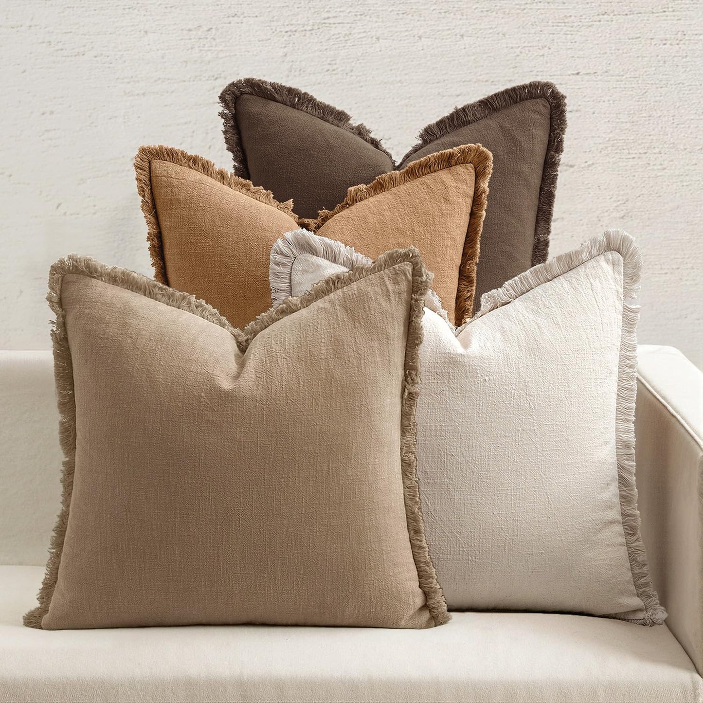 MIULEE Decorative Couch Pillow Covers Neutral Linen Fringe Throw Pillows Set of 4 Soft Rustic Cushions Boho Farmhouse Pillowcases for Bed Sofa Living Room Spring Decor 18x18 Inch Beige/Brown/Green