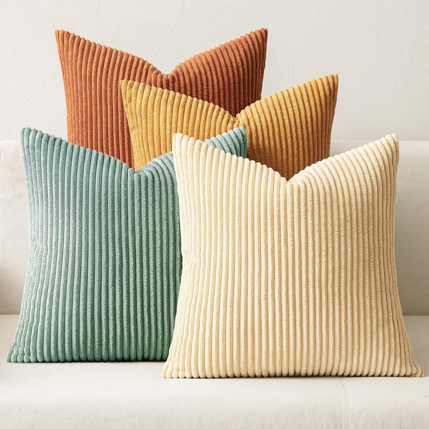 MIULEE Pack of 4 Blue-Orange Corduroy Decorative Throw Pillow Covers 18x18 Inch Soft Boho Striped Pillow Covers Modern Farmhouse Home Decor for Summer Sofa Living Room Couch Bed