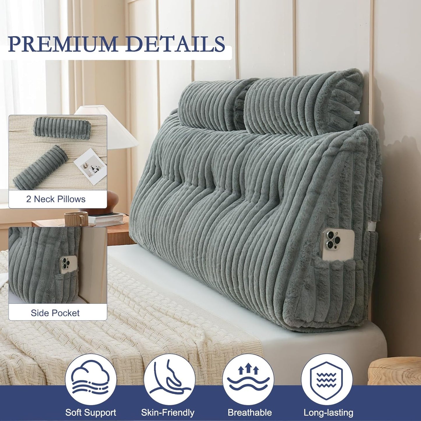 YOUR MOON Large Wedge Headboard Pillow Queen for Back with 2 Roll Pillows,Triangular Wedge Reading Pillows Headboard for Bed Sitting Up Sleeping, Backrest Cushion with Shredded Memory Foam, Gray