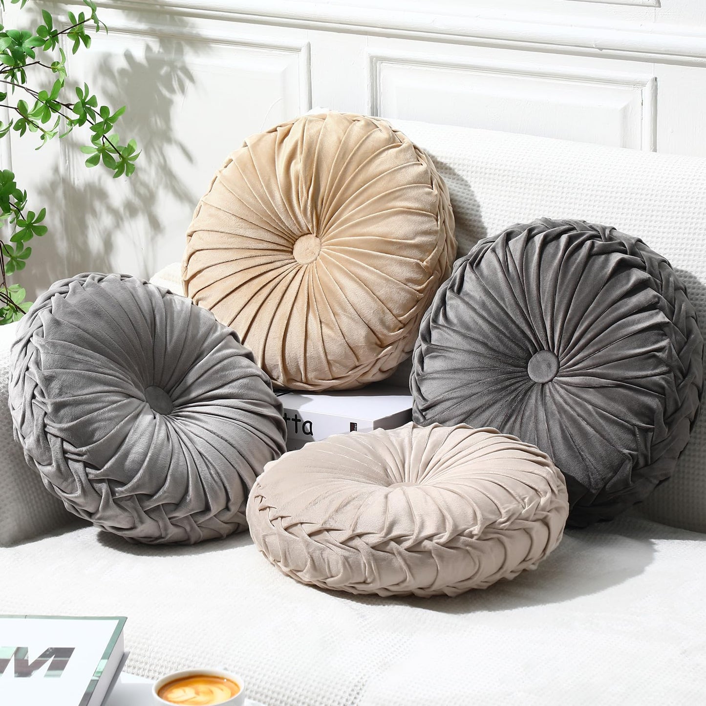 Kathfly Decorative Round Pleated Throw Pillows, Classy Velvet Pumpkin Round Throw Pillows, Decorative Floor Pillow for Bed Chair Home Sofa Decor, 14" Diameter(Orange, Yellow, Pink, Green,4 Pcs)