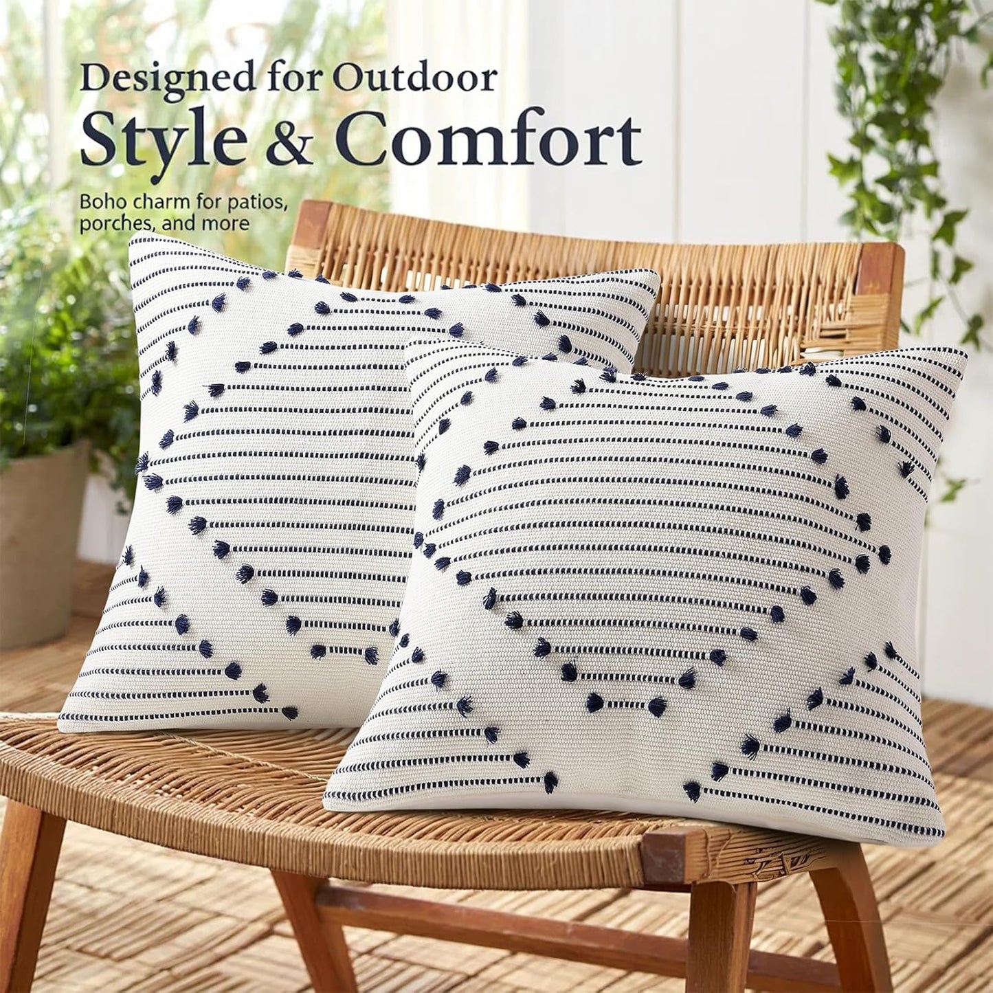 Mecatny Boho Summer Outdoor Throw Pillow Covers 18X18 Set of 2, Farmhouse Decorative Pillow Covers for Couch Sofa Living Room, Navy & Cream White