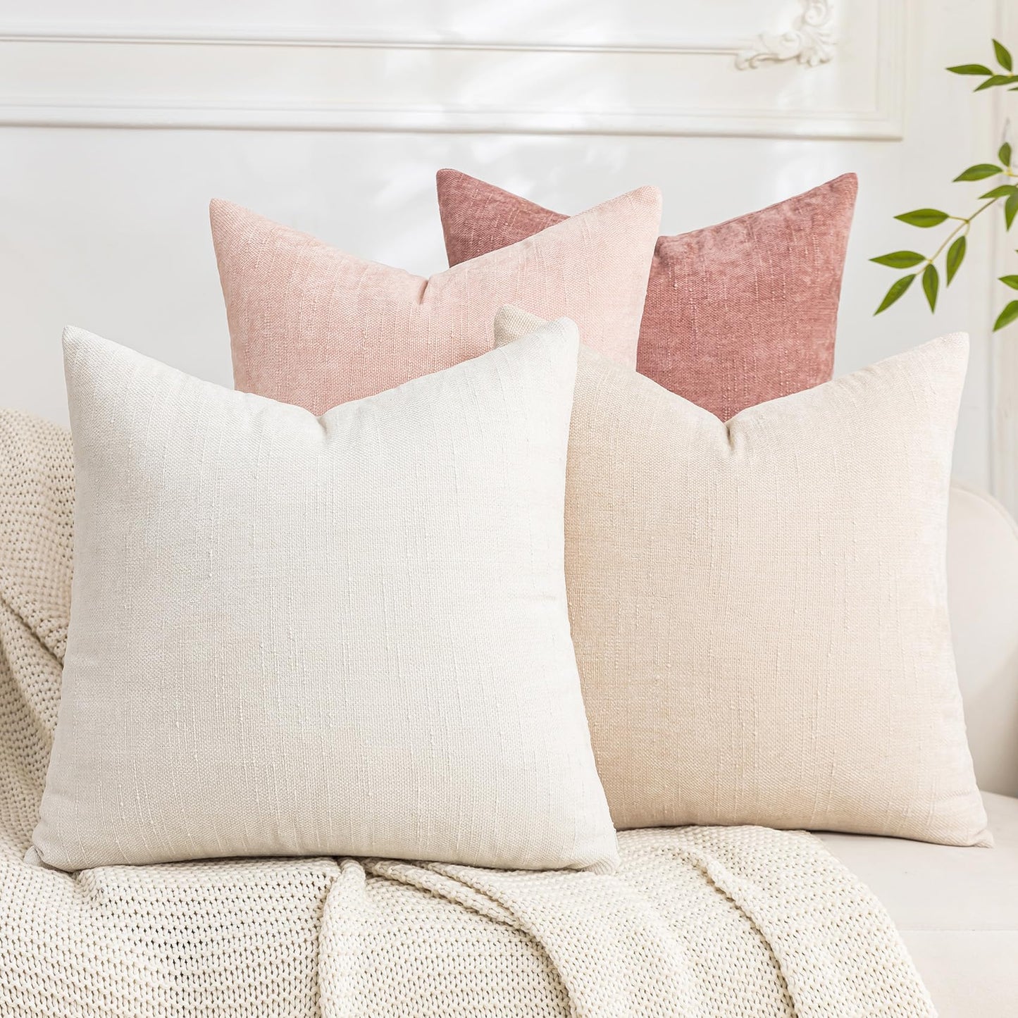 Set of 4 Soft Textured Decorative Throw Pillow Covers 24x24 Inch Cozy Farmhouse Cushion Cover Square Accent Pillow Cases for Bed Couch Sofa Living Room, Neutral