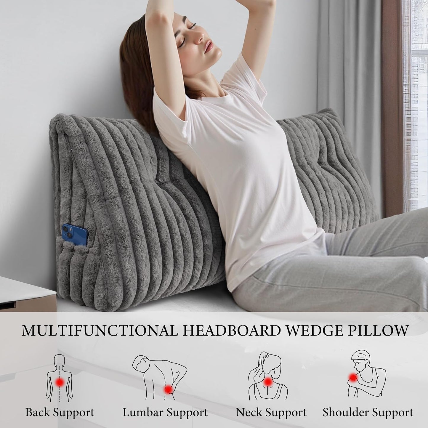 Headboard Pillow Queen, Triangular Wedge Pillow Headboard Queen, Cushion Headboards Reading Pillows, Backrest Pillows for Sitting in Bed or Working with Removable Cover, Grey