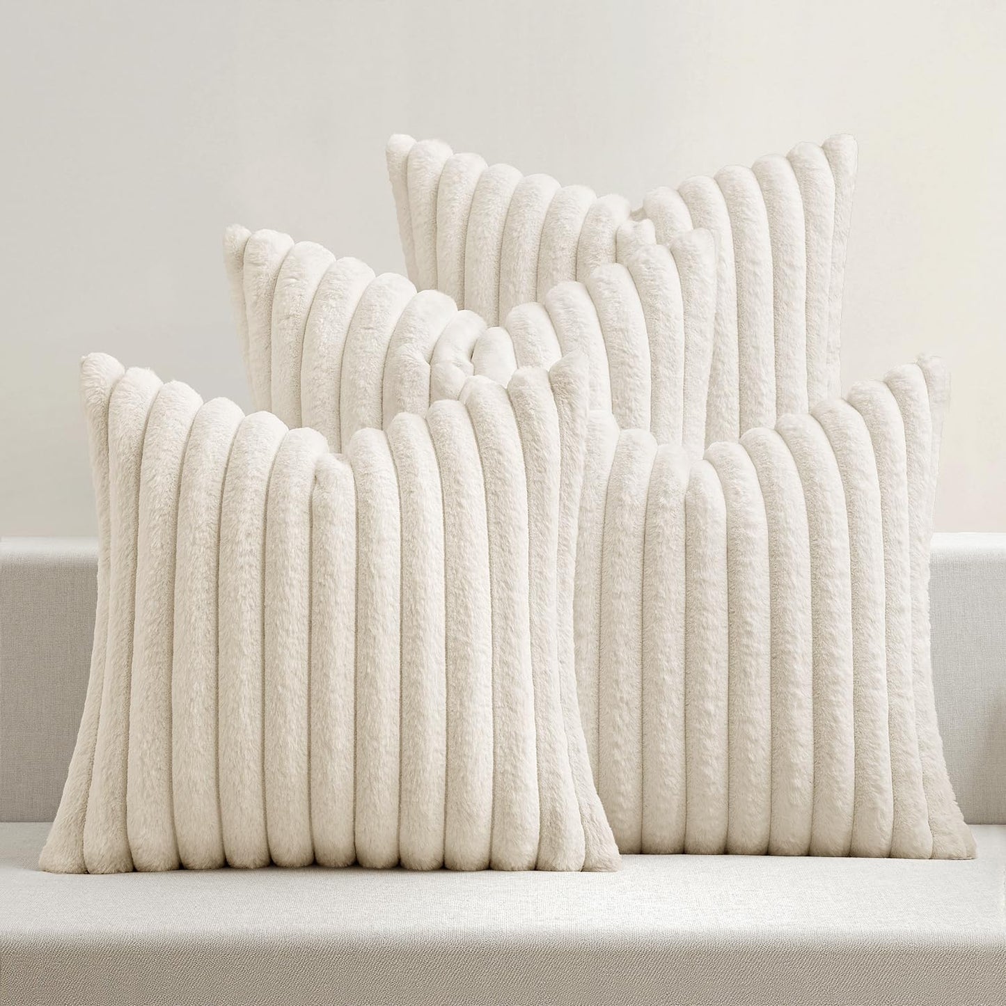 MIULEE Faux Fur Plush Decorative Throw Pillow Covers 18x18 Set of 4, Valentine's Day Cute Modern Soft Romantic Fuzzy Striped Cushion Covers for Sofa Couch Bed Living Room Cozy Home Decor,Pink