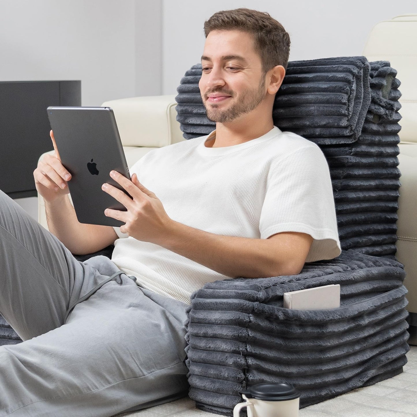 ENITYA 22" XL Back Pillow for Bed Sitting Up, Reading Pillow with Armrests & Big Pockets, Soft Back Support Chair, Ideal for Watching TV, Gaming, Nursing, Resting, Post Surgery, Dark Grey