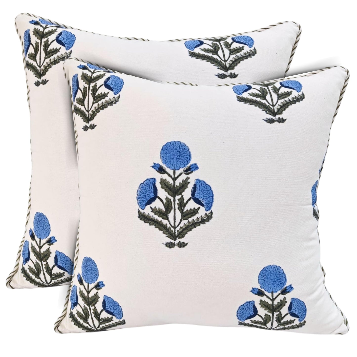 ATOSII Block Print Throw Pillow Cushion Covers, 20 X 20 - Set of 2, Decorative Couch Pillows for Living Room Bed Sofa, 100% Cotton Canvas Pillow Case for Home Decor & Outdoors - Clover Blue