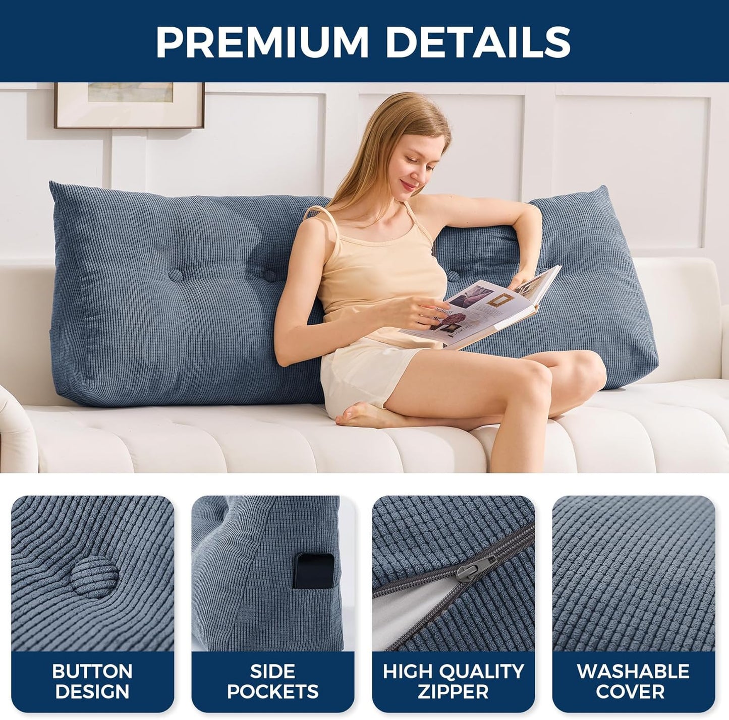 IASEAHK Headboard Pillow Twin, Triangle Pillows for Headboard, Head Board Backrest Wedge Pillow for Reading Sitting Working, Daybed Pillows with Removable Cover for Bed Dorm Sofa, Navy Blue