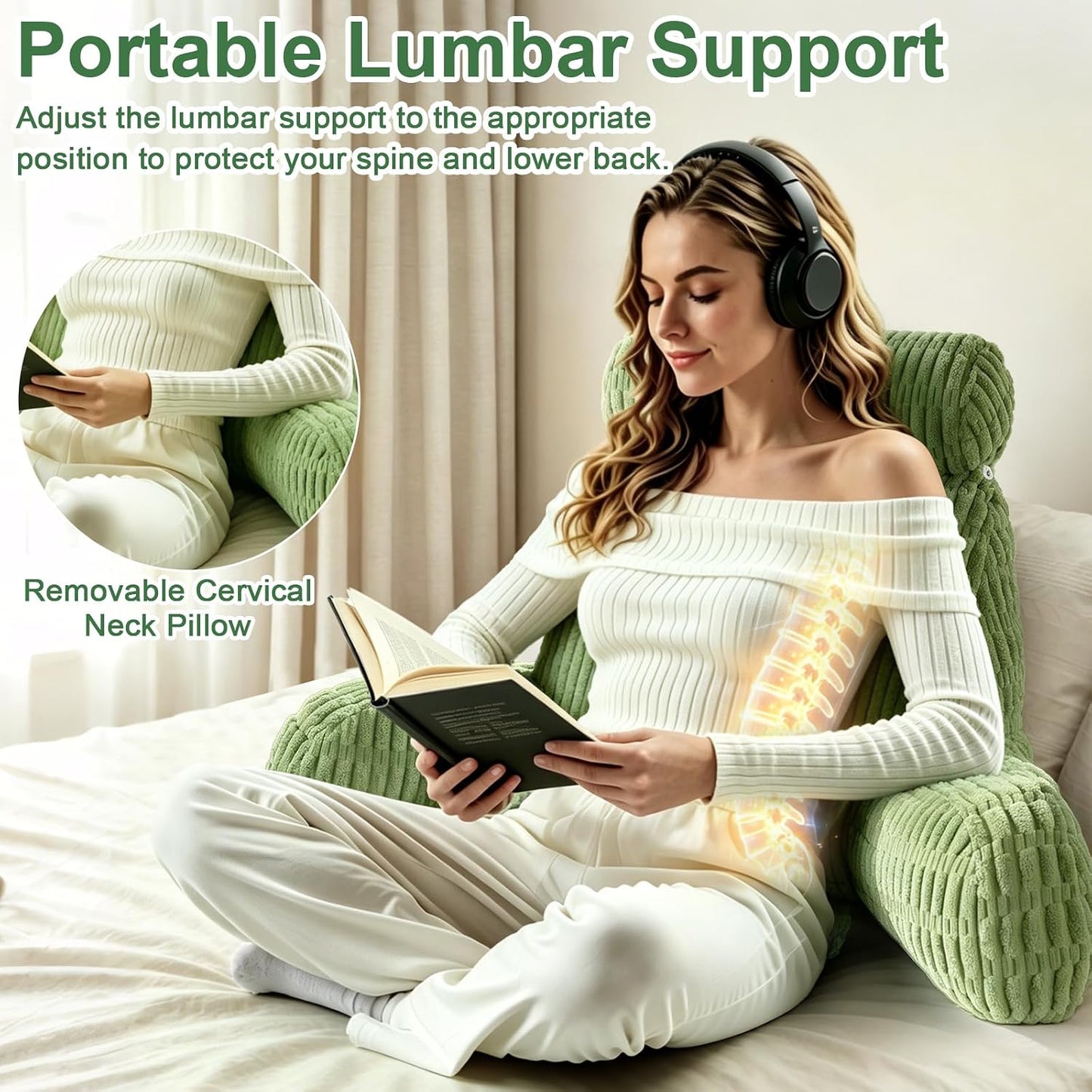 Reading Pillow for Bed, Back Rest Bed Pillow for Sitting Up with A Cylindrical Pillow and Lumbar Pillow, Back Support Pillows for Bed Sitting Up, Upright Husband Pillows for Adults & Children(20 Inch)