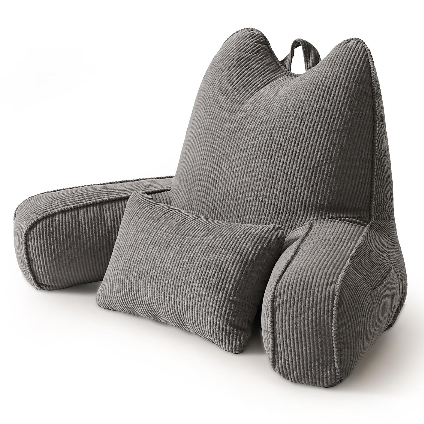 Patented Design Reading Pillow with Arms for Sitting Up, 2-in-1 Bed Rest Pillow with Detachable Lumbar Support, Backrest Support Cushion for Couch with Side Pockets & Handle, Beige Gray