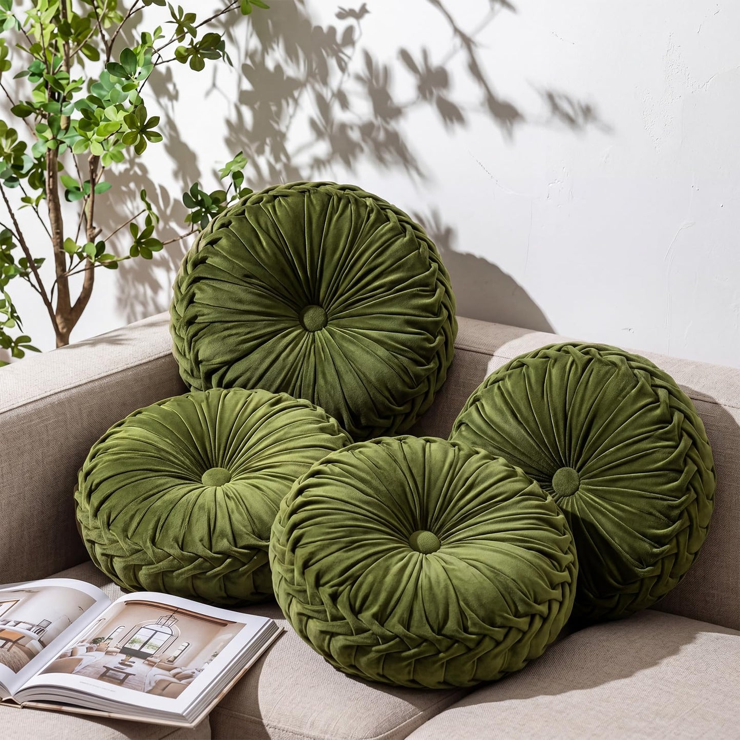 Kathfly Decorative Round Pleated Throw Pillows, Classy Velvet Pumpkin Round Throw Pillows, Decorative Floor Pillow for Bed Chair Home Sofa Decor, 14" Diameter(Orange, Yellow, Pink, Green,4 Pcs)