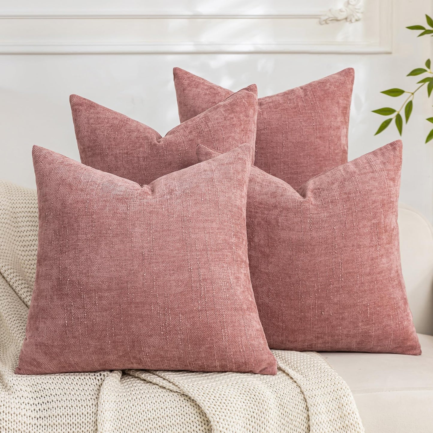 Set of 4 Soft Textured Decorative Throw Pillow Covers 24x24 Inch Cozy Farmhouse Cushion Cover Square Accent Pillow Cases for Bed Couch Sofa Living Room, Neutral