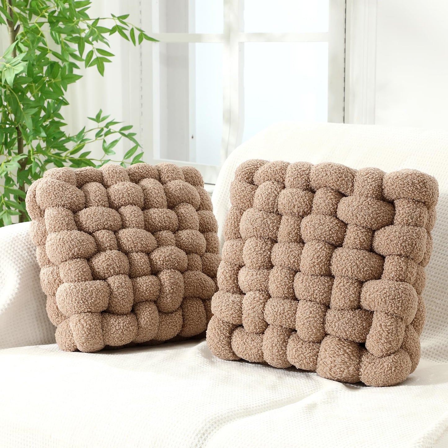 Wenqik 2 Pcs Knot Pillows Square Knotted Plush Throws Soft Accent Pillows Decoration Cushion for Couch Home Office Living Room Bedroom Bed Sofa Decor, 12'' x 13''(Caramel,Crystal Velvet)