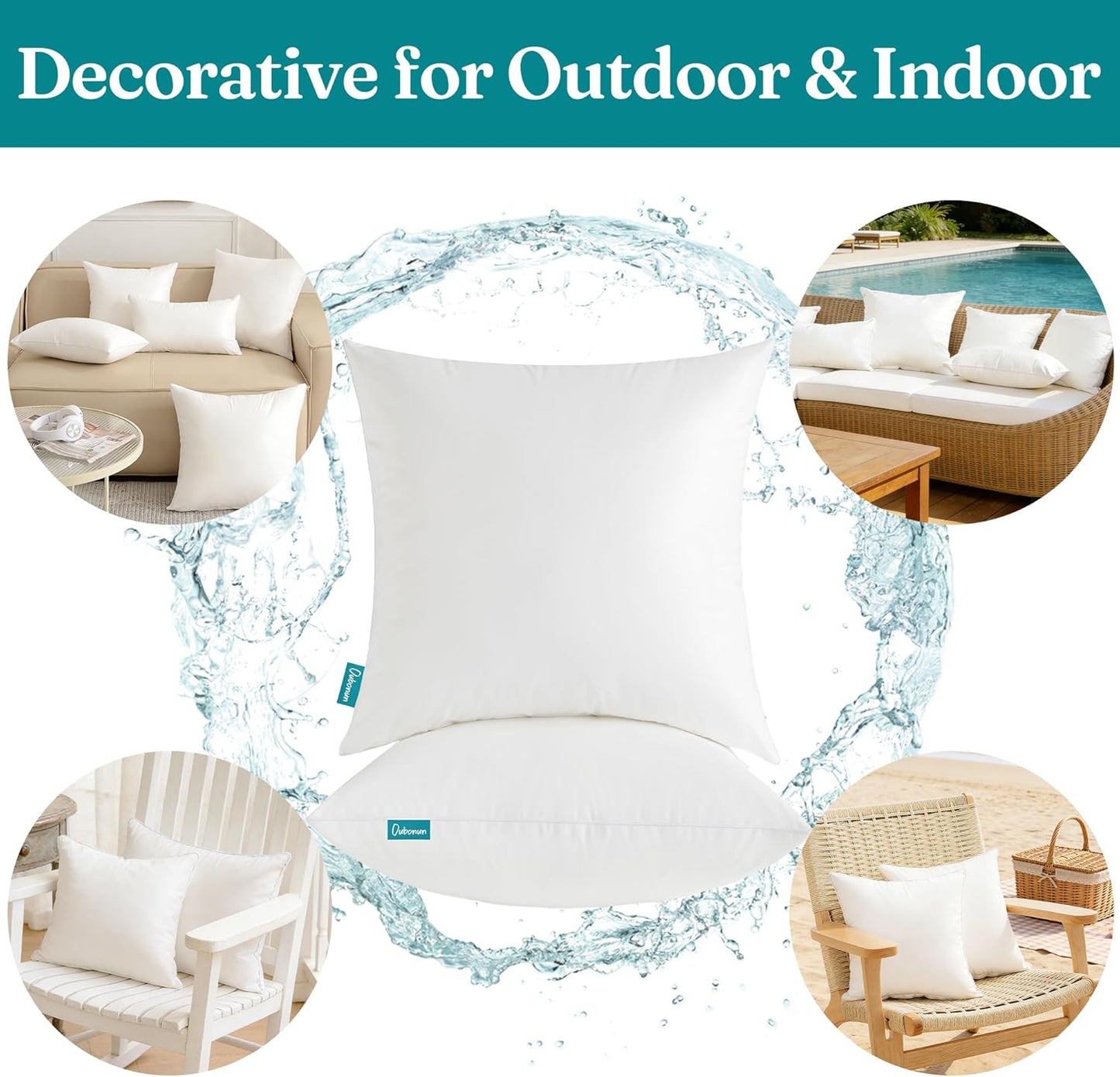 Oubonun 20x20 Outdoor Pillow Inserts (Pack of 4) - Square Waterproof Throw Pillow - Decorative Throw Pillows Insert for Couch Sofa Bed Patio Furniture - White Pillows