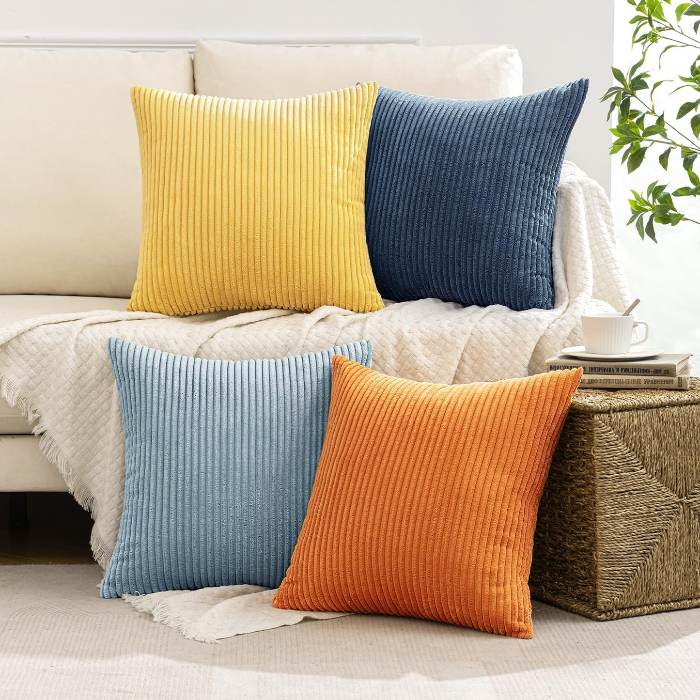 MIULEE Pack of 4 Blue-Orange Corduroy Decorative Throw Pillow Covers 18x18 Inch Soft Boho Striped Pillow Covers Modern Farmhouse Home Decor for Summer Sofa Living Room Couch Bed