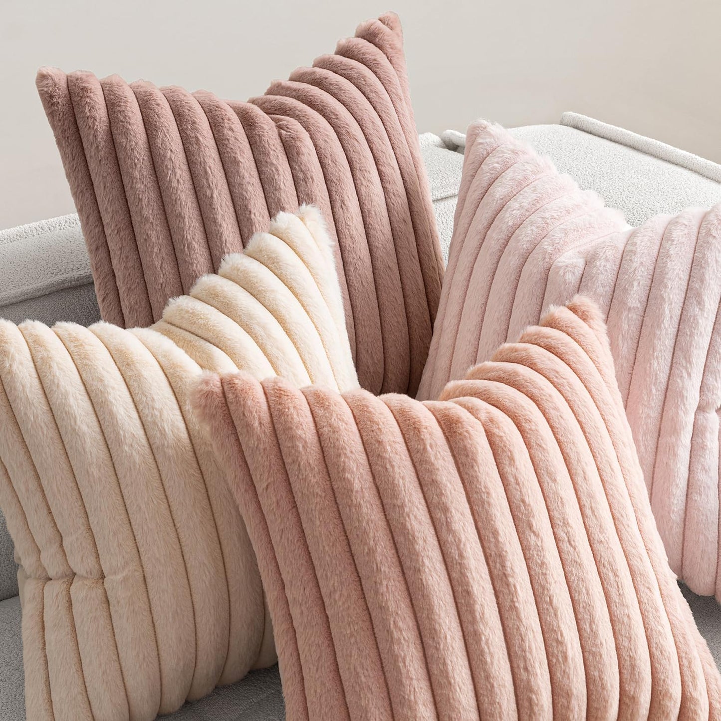 MIULEE Faux Fur Plush Decorative Throw Pillow Covers 18x18 Set of 4, Valentine's Day Cute Modern Soft Romantic Fuzzy Striped Cushion Covers for Sofa Couch Bed Living Room Cozy Home Decor,Pink