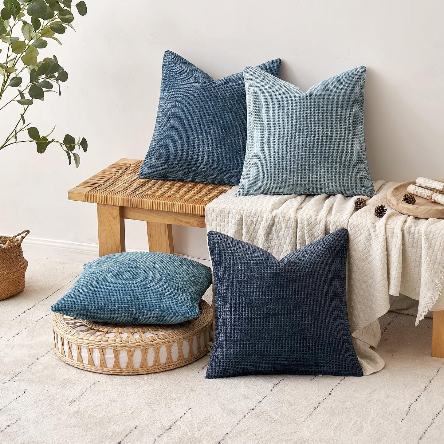 MIULEE Pack of 4 Couch Throw Pillow Covers 20x20 Inch Neutral Blue Soft Decorative Chenille Pillow Covers Farmhouse Accent Cushion Covers for Boho Western Spring Coastal Decor Sofa Bed Living Room