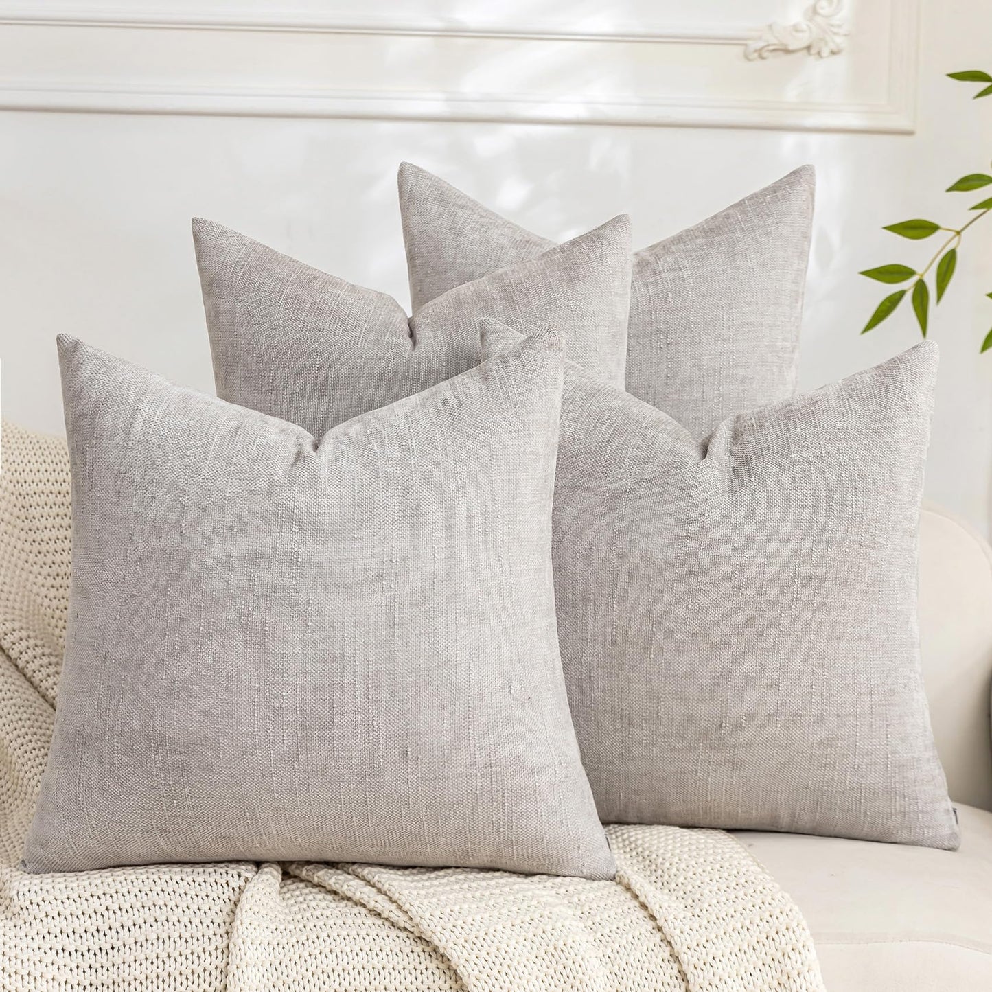 Set of 4 Soft Textured Decorative Throw Pillow Covers 24x24 Inch Cozy Farmhouse Cushion Cover Square Accent Pillow Cases for Bed Couch Sofa Living Room, Neutral
